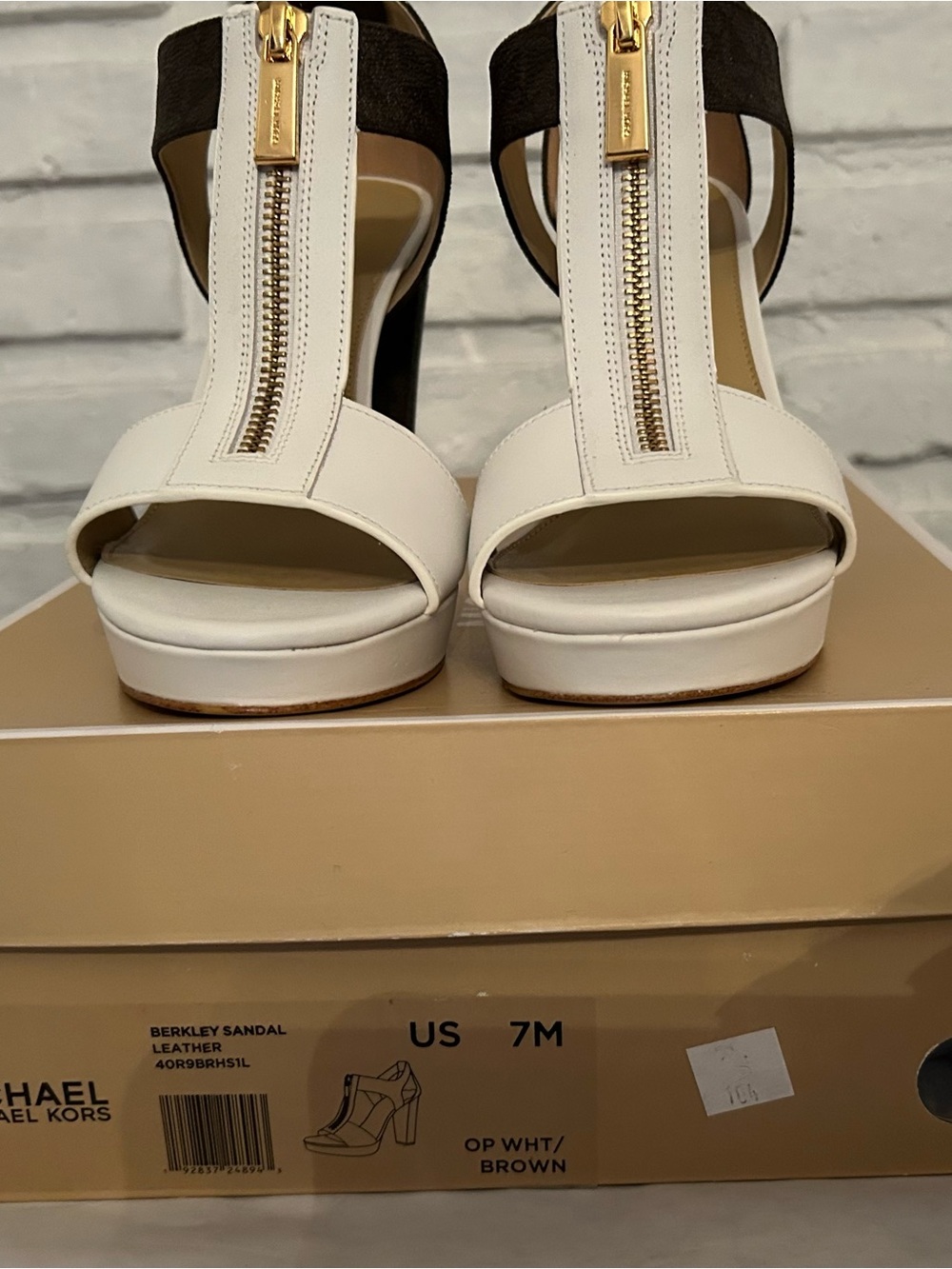 Michael Kors White and Brown Berkley Platform Sandals with Gold Zipper